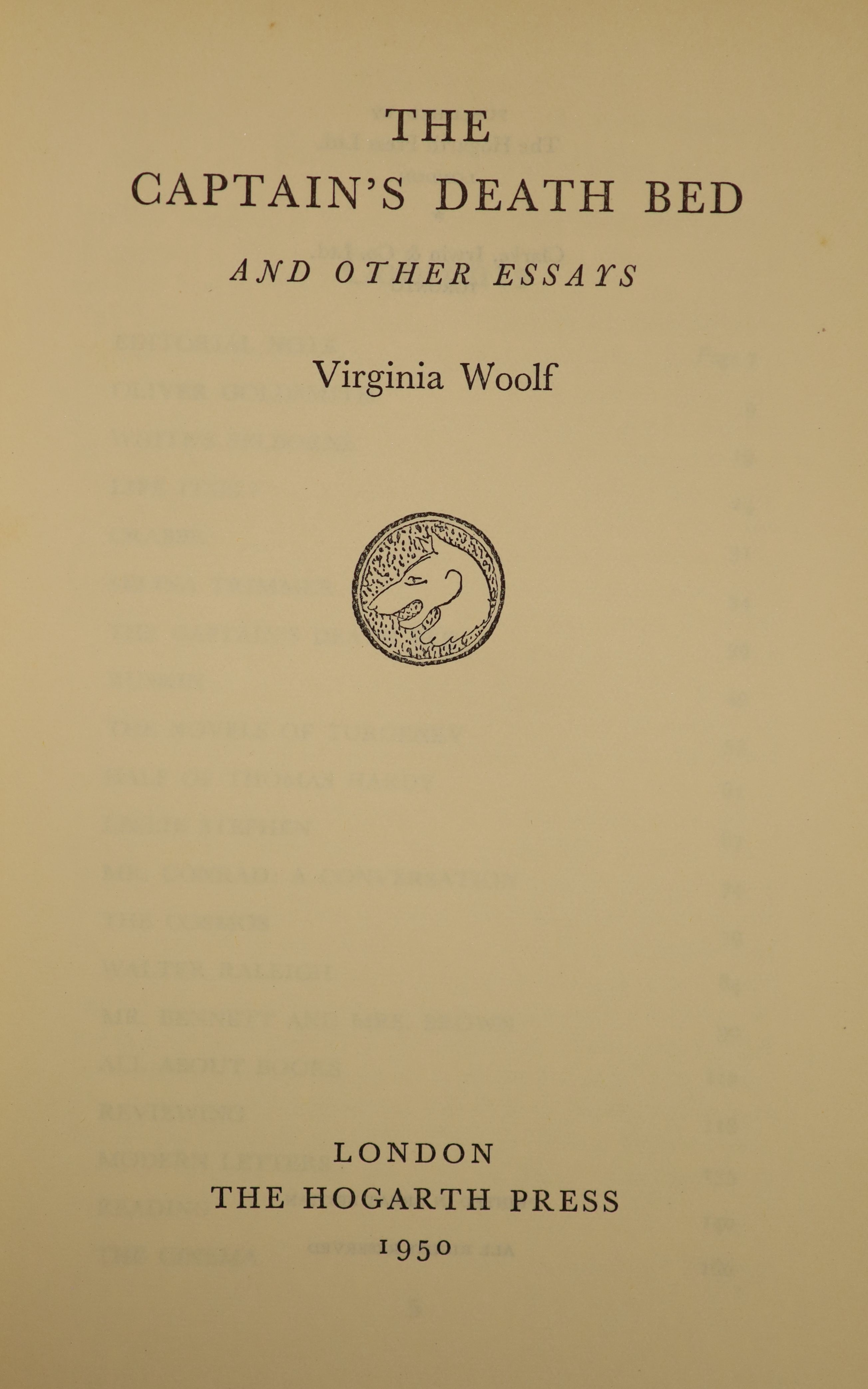 Woolf, Virginia - 3 works - The Captain's Death Bed and other Essays, 1st edition, original cloth in d/j designed by Vanessa Bell, spine darkened Hogarth Press, London, 1950; The Death of a Moth and other Essays, in chip